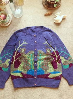 趣味重磅梦幻紫色风景树林 纯手工孤品古着毛衣