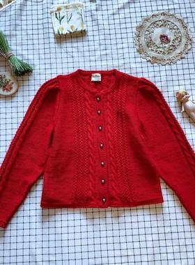 德国购回正红色爱德华羊腿袖纯手工vintage孤品奥地利毛衣