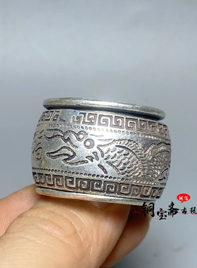 古玩杂项收藏白铜鎏银扳指四神兽龙凤呈祥可转动男士戒指复古指环
