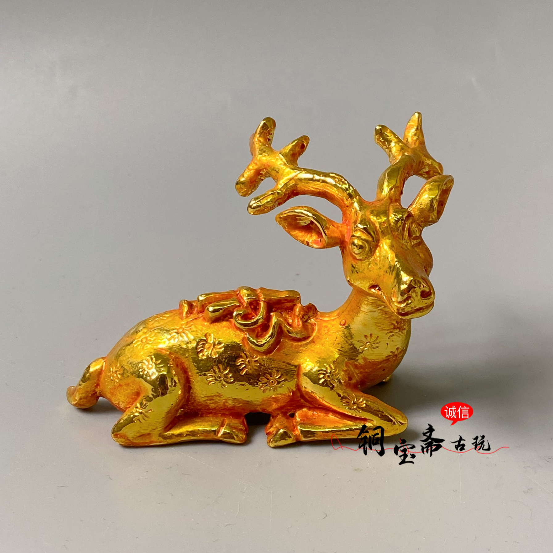 古玩铜器镀金鹿摆件梅花鹿福鹿路路发财一路有你客厅茶玩书房装饰