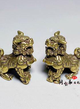 仿古纯铜狮子一对宫门实心小号狮子镇宅招财茶宠居家客厅桌面摆件