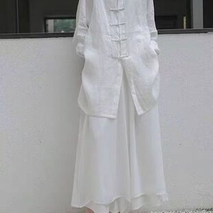 利休白茶 自制禅意盘扣宽松衬衣汉服式白衬衫女中长款