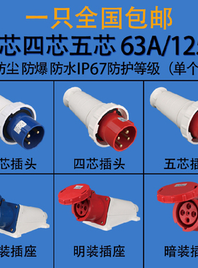 防水航空防爆连接器明暗装工业插头插座 3芯4芯5芯 63A/125A IP67