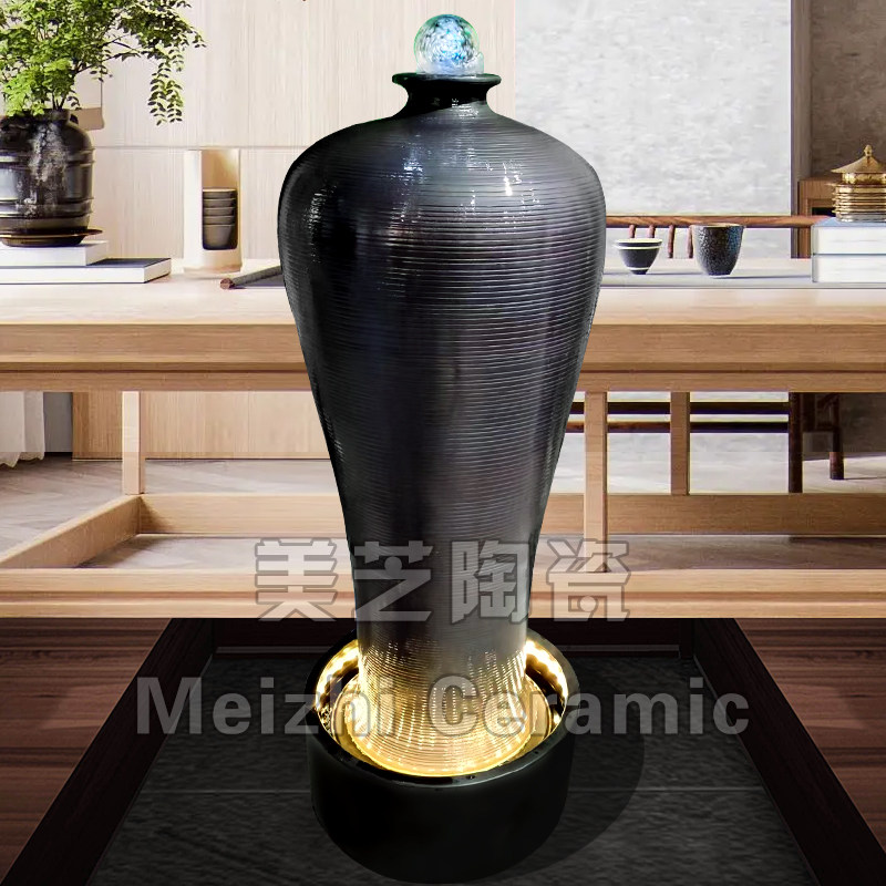 别墅黑色流水罐客厅流水生财循环水摆件景德镇陶瓷加湿器喷泉花瓶