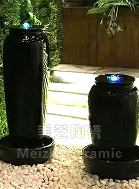 黑色流水花瓶流水摆件循环水陶罐