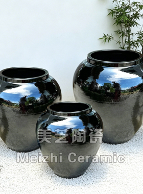 禅意黑色陶瓷罐陶瓷落地花瓶花器水池流水陶罐花盆50cm高罐子圆缸