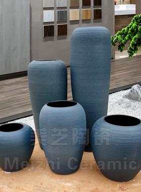 户外餐厅黑灰色复古干枝陶缸粗陶瓷插花器陶罐摆件哑光落地大花瓶