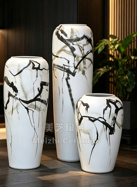 创意陶缸大型干枝陶缸摆设简约白色落地大花瓶三件套插花器大陶罐