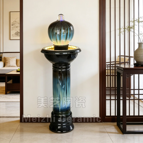 客厅出水缸转运球陶瓷流水生财摆件循环水花瓶喷泉加湿器流水陶罐