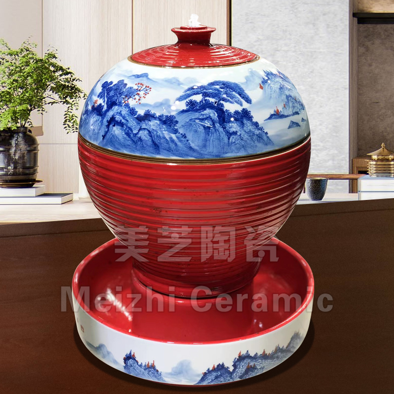 青花瓷流水摆件加湿器花瓶喷泉