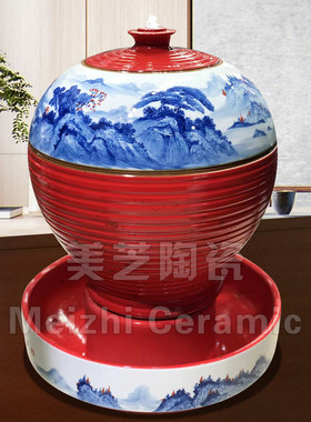 化妆品柜台流水摆件桌面陶瓷流水器手绘陶瓷喷泉花瓶加湿器流水罐
