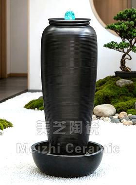 景德镇陶瓷加湿器喷水花瓶转运球圆柱形流水摆件循环水黑色流水罐
