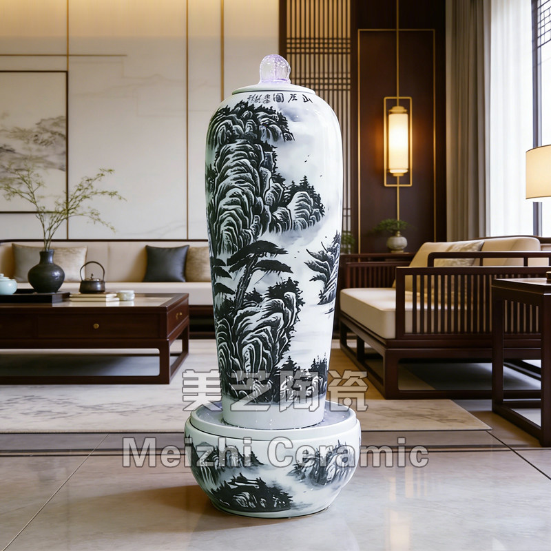 室内青花瓷流水摆件循环水缸客厅高端工艺品陶瓷加湿器自流水花瓶