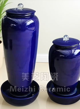 地中海蓝色流水器陶瓷加湿器喷泉花瓶美容院流水生财摆件乔迁礼品