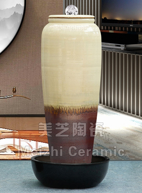 庭院鱼池水景陶罐落地流水摆件花瓶加湿器涌泉水钵景观瓶喷泉坛子