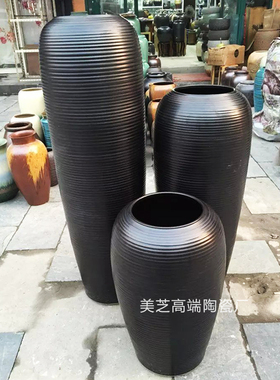 中式黑色大花瓶流水陶罐涌泉落地陶瓷插花缸禅意花器家居干枝摆件