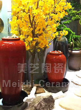 新中式陶瓷流水摆件玄关装饰品红色流水罐简约水景喷泉花瓶加湿器