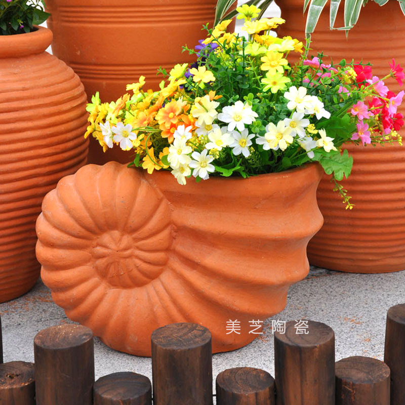 庭院艺术花坛花园蜗牛陶罐种花陶盆景观泥土陶盆海螺花盆红陶花盆