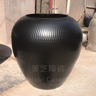 大号黑色陶瓷缸80公分高大肚花瓶流水陶罐喷泉坛子复古插花器摆设
