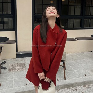 小香风软糯南瓜红羊绒中式短外套6660新年结婚回门重工羊毛套装