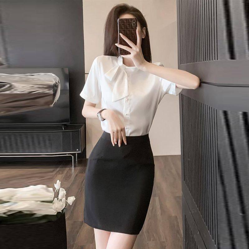 白色衬衫女短袖衬衣2025新款空姐职业套装包裙气质酒店前台工作装