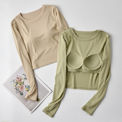 带胸垫长袖T恤女秋短款