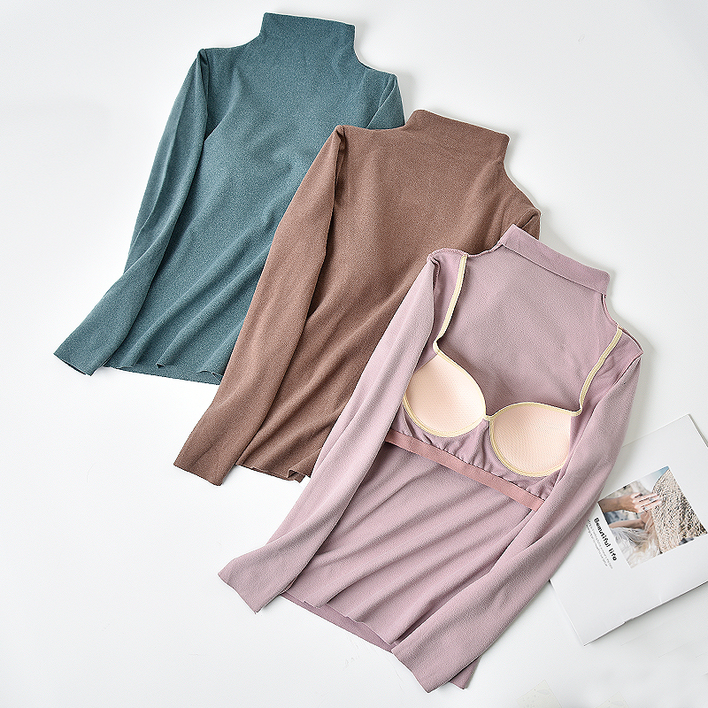 保暖内衣带胸垫半高领长袖T恤