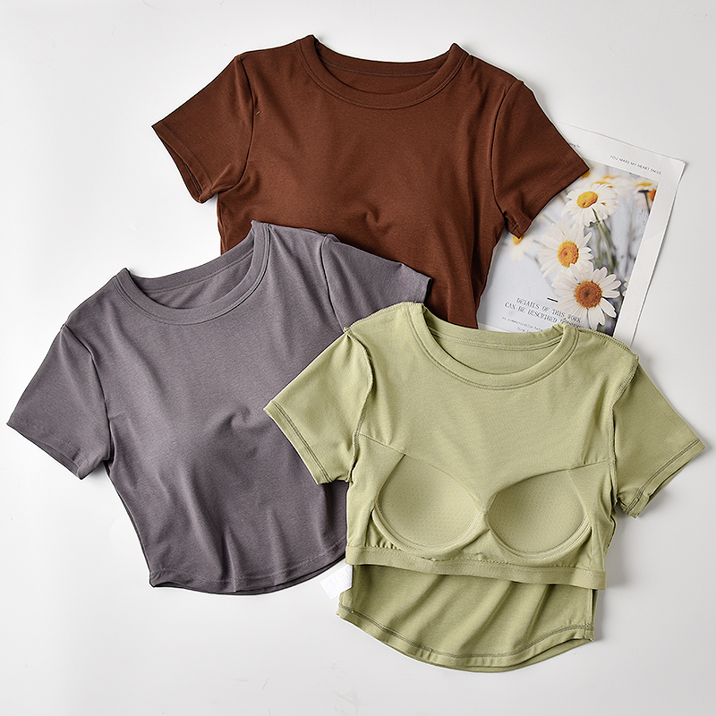露脐短袖t恤女夏带胸垫