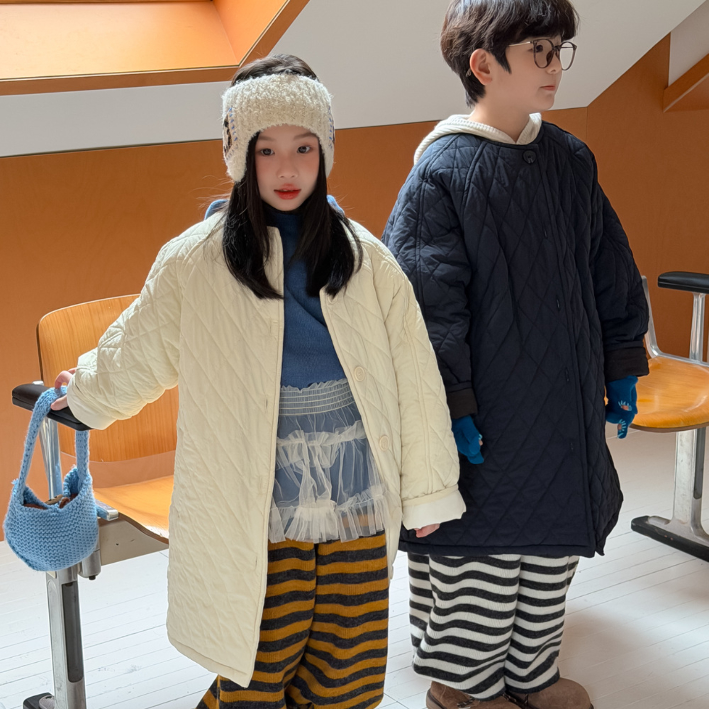 儿童冬加厚菱形格保暖中长款棉服