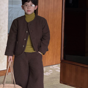 男童套装儿童冬季韩版棕色夹棉呢子外套七分裤男孩百搭保暖两件套