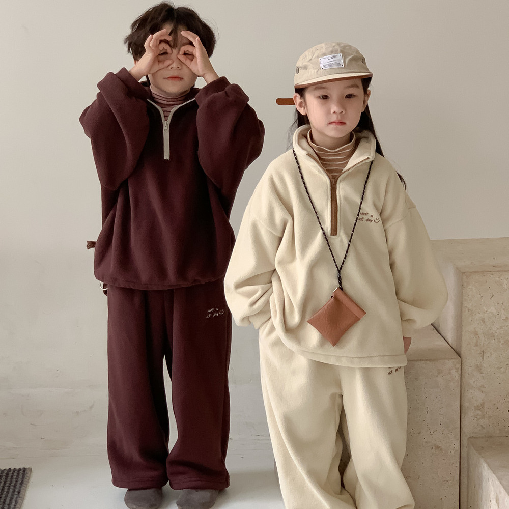 儿童套装小男孩加厚休闲运动套男童女童冬季韩版双面绒卫衣两件套