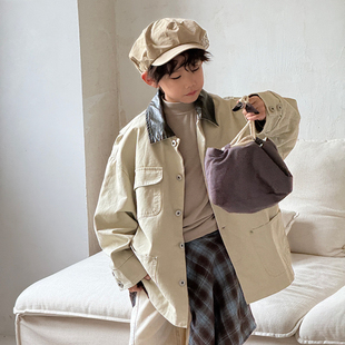 男童外套2025秋季新款儿童韩版拼色皮领风衣男孩百搭洋气中长夹克