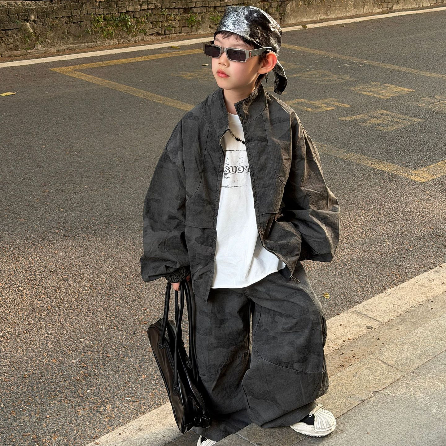 男童套装春季新款男宝宝时髦外套长裤儿童美式街头休闲迷彩两件套