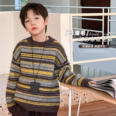 男童冬季软糯马海毛加厚条纹毛衣