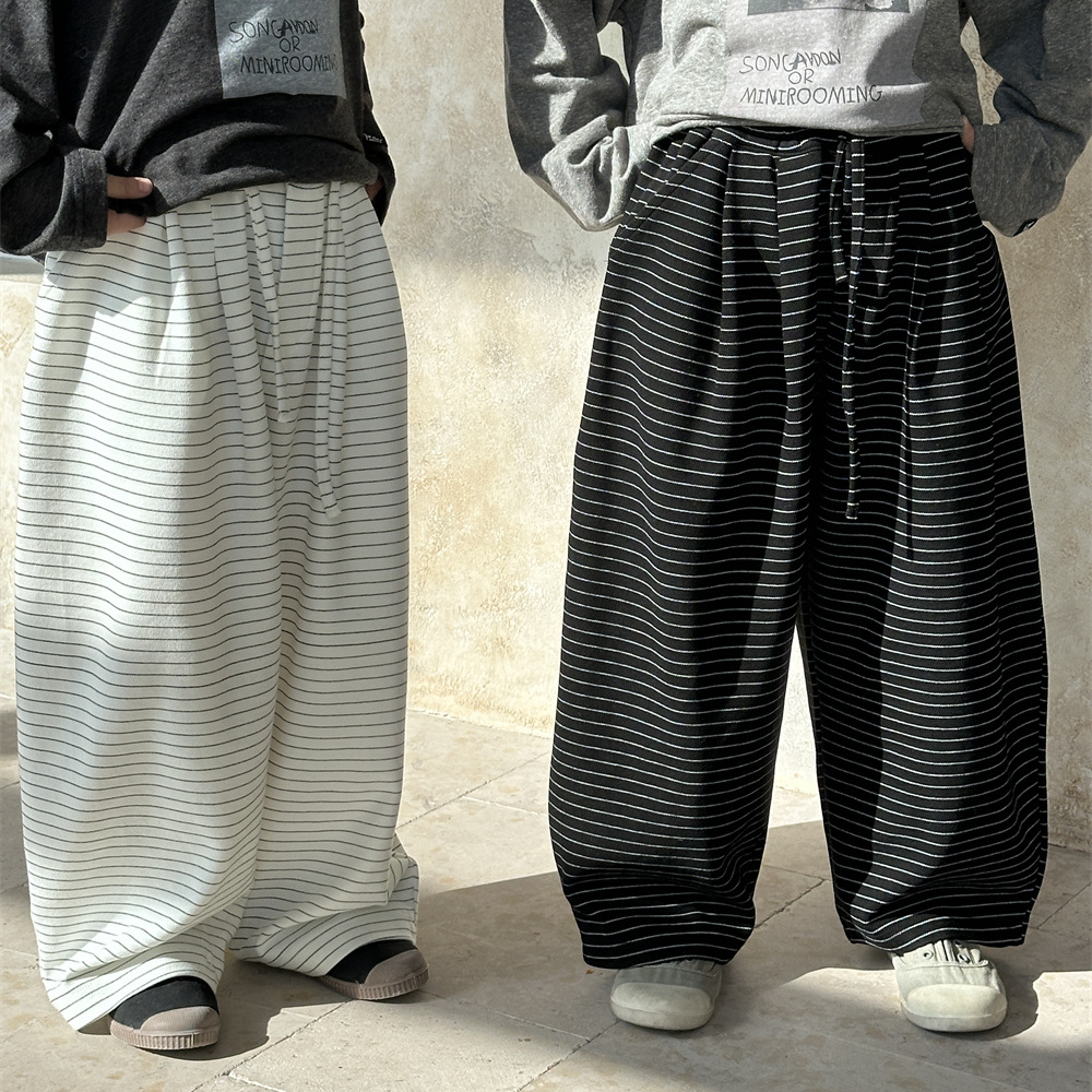 儿童裤子2025春季新款男女童韩版细条纹系带休闲裤男女孩休闲卫裤