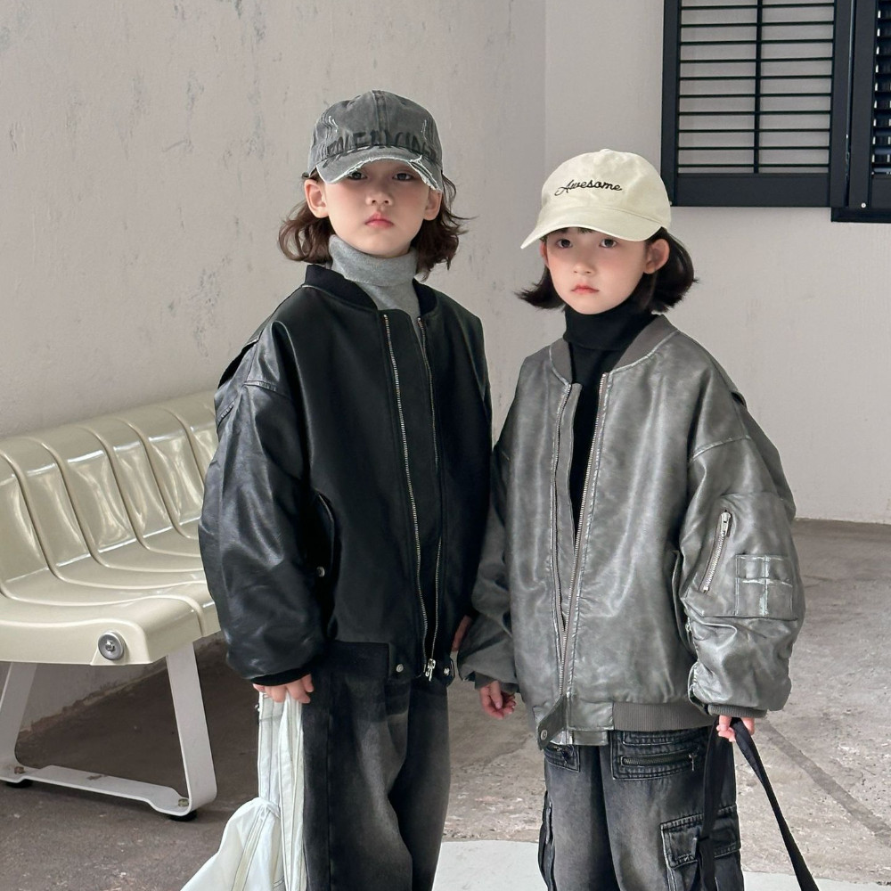 儿童夹棉冬外套男女童韩版复古做旧机车夹克男女孩圆领皮衣棉服潮