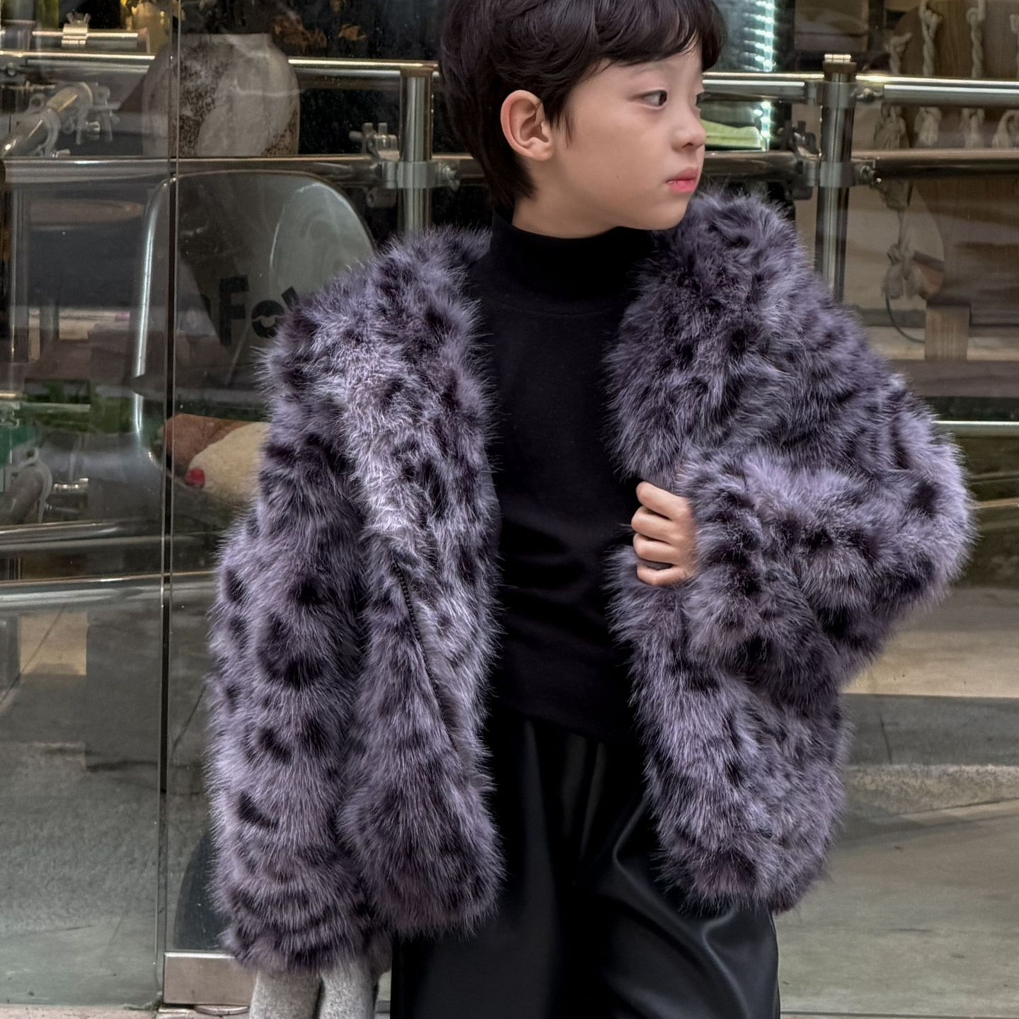 男童冬季韩版加厚豹纹保暖毛外套