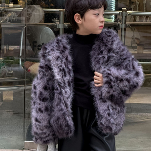 男童冬季外套儿童韩版新款加厚豹纹仿皮草上衣男孩保暖潮酷毛毛衣