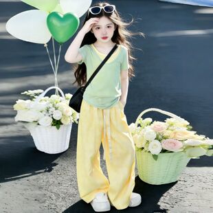 女童夏季薄荷短袖套装2026女中大童新款时尚多巴胺洋气三件套夏装