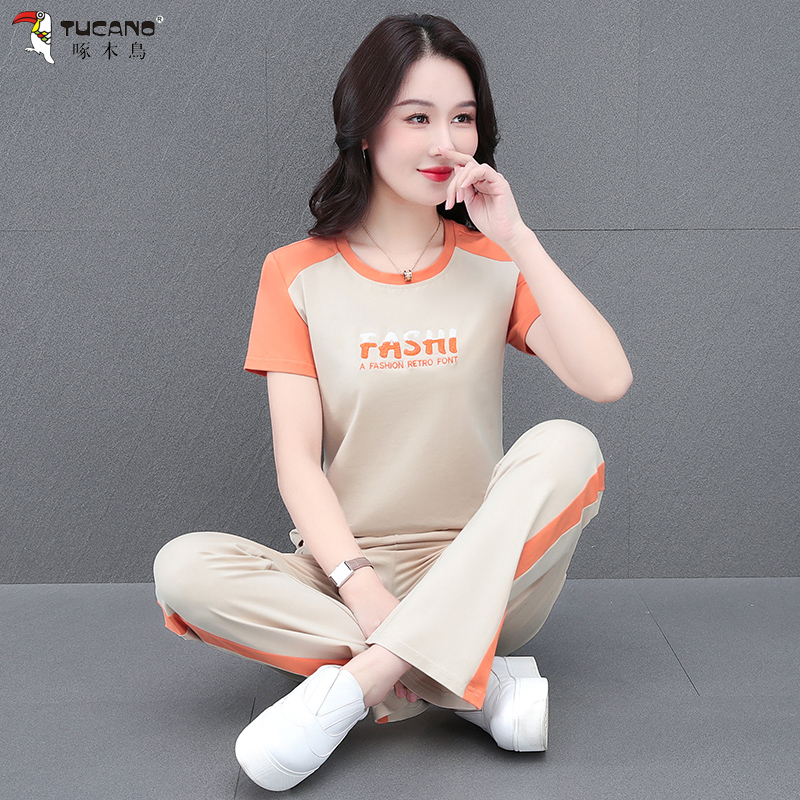 啄木鸟短袖套装女2025夏季时尚洋气减龄薄款圆领T恤直筒裤两件套