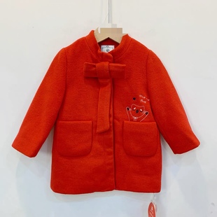 女童夹棉红色呢子大衣立领外套100 G捷米梵秋冬季
