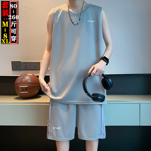 大码背心男士无袖速干套装夏季冰丝t恤8XL青年健身短袖坎肩运动服