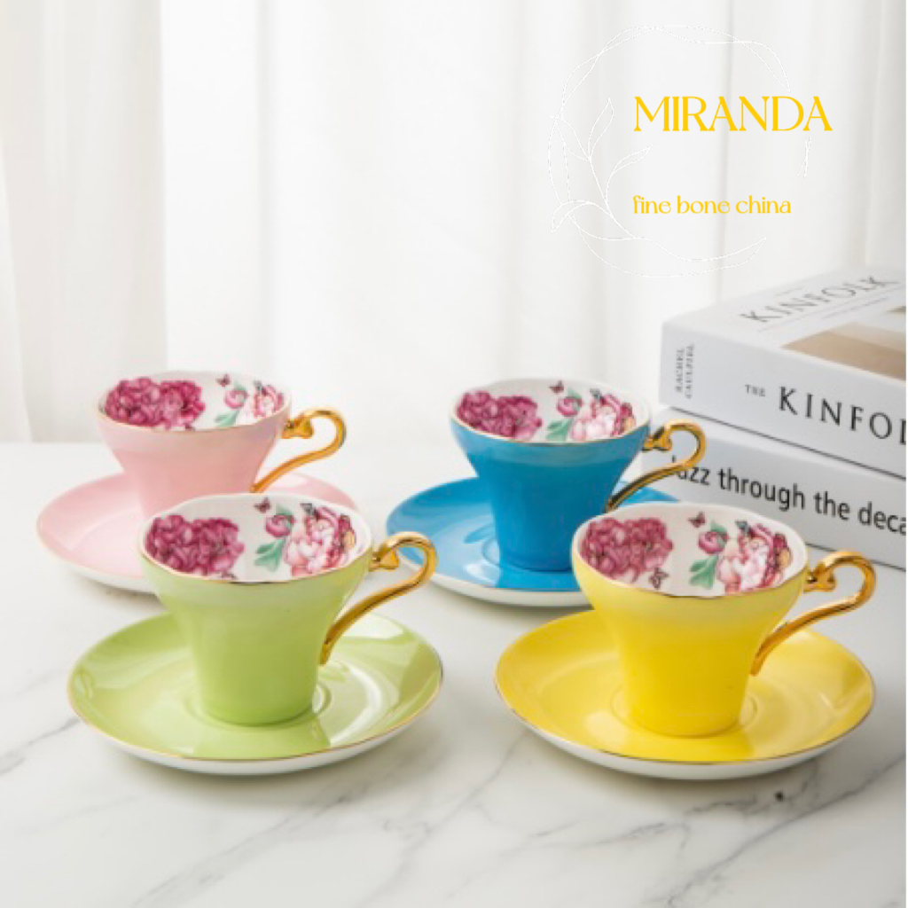 描金彩色花卉牡丹咖啡杯碟小蛮腰