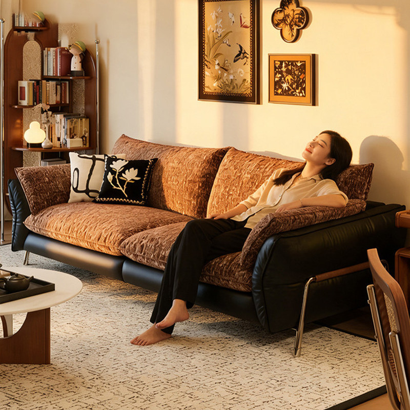 中古风拼色布艺沙发黑色复古可拆洗小户型客厅2026年新款皮布沙发