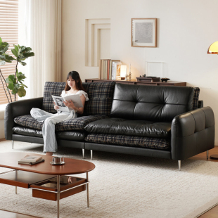 中古风真皮沙发客厅直排三人位皮布结合两面切换小户型汉堡沙发