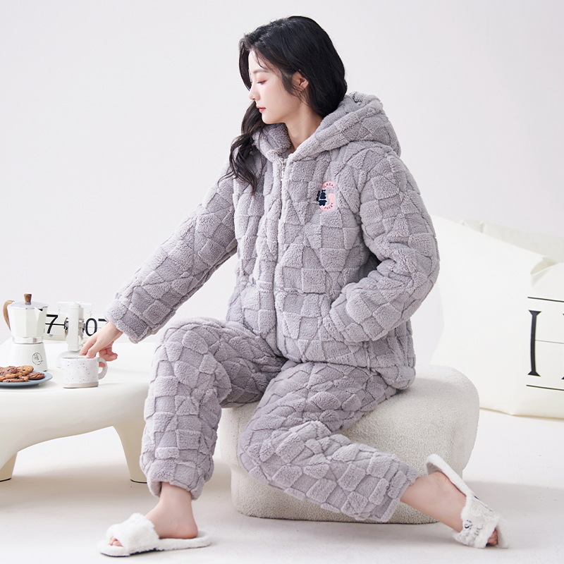加厚保暖睡衣女冬款连帽套装