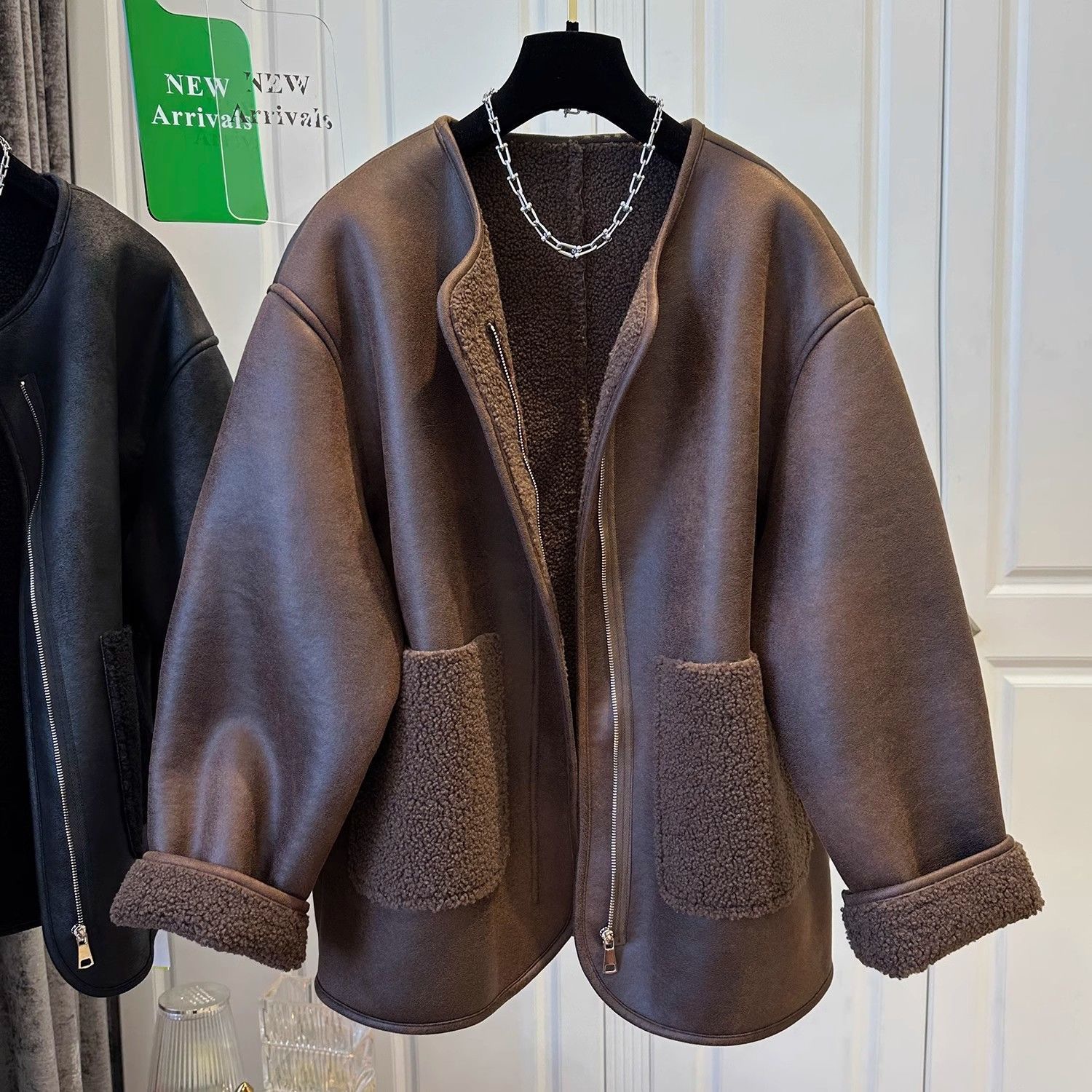 超好看拉链皮毛拼接一体圆领外套女2025秋冬款上衣保暖休闲