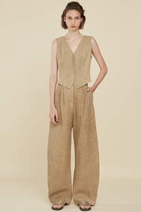 东方豆蔻春夏新款色织亚麻单排扣米茶咖条纹休闲女马夹坎肩马甲