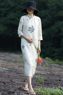 【东方豆蔻】新款春夏拓印双宫真丝桑蚕丝立领长裙v领连衣裙旗袍