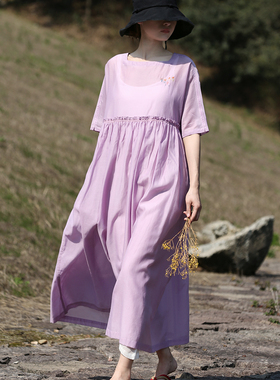 东方豆蔻夏款轻薄桑蚕丝淡紫色方领宽松连衣裙长裙袍子52857